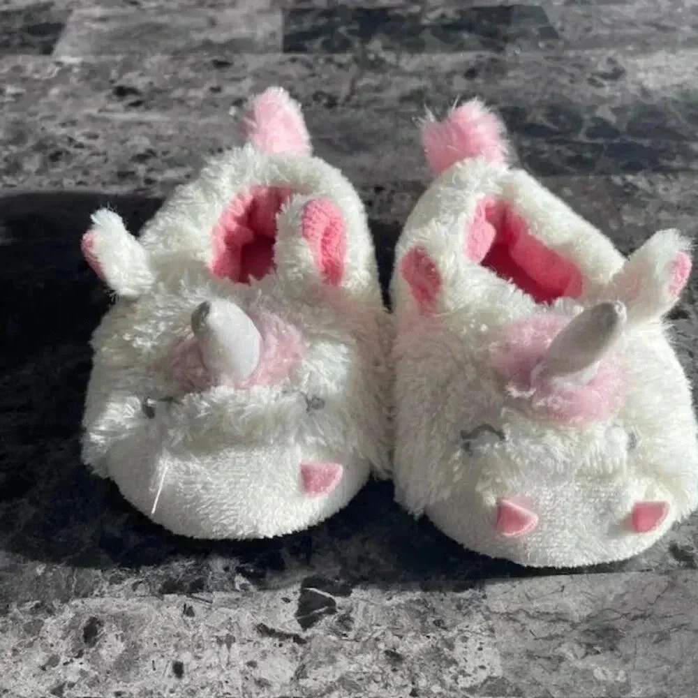 Toddler Unicorn House Shoes Size 6-7 White/Pink cotton lining Non-slip